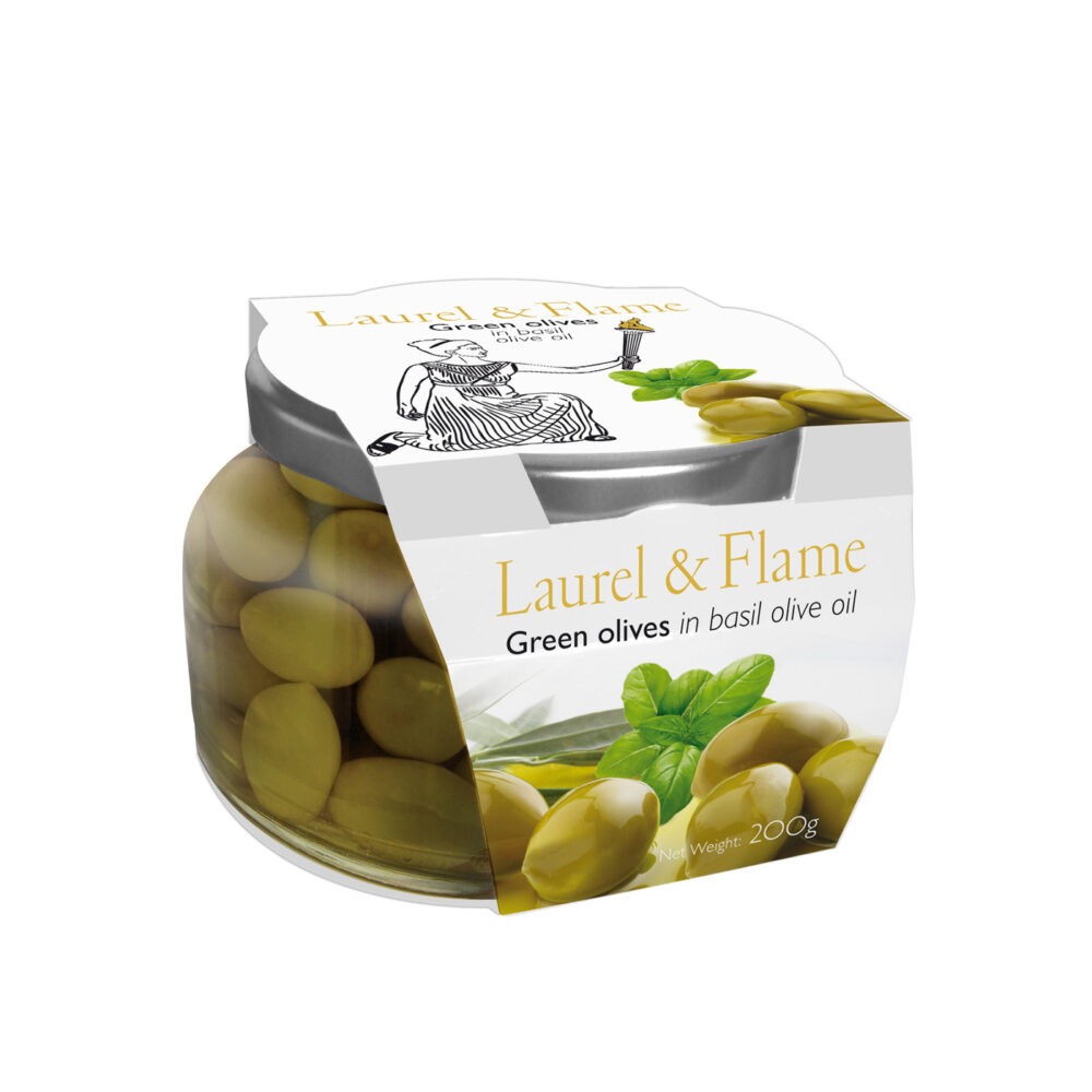 LAUREL & FLAME Green Olives in Basil Olive Oil | The Olive Temple